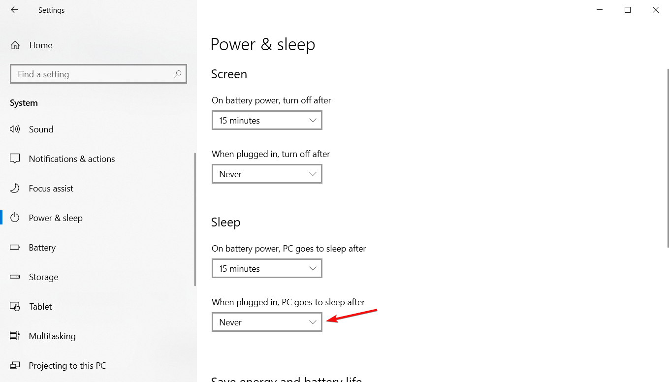 Выбор «Никогда» для перехода в спящий режим