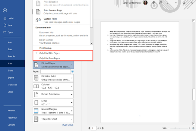 Печать только нечётных страниц в Word на Windows