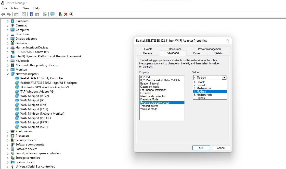 изменение значения агрессивности роуминга в Диспетчере устройств