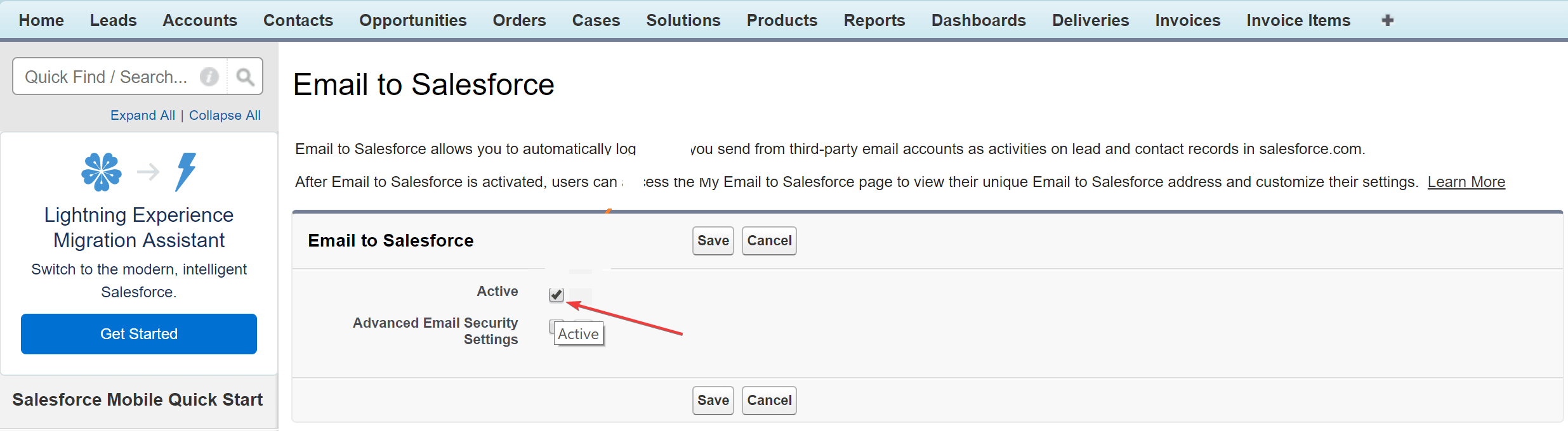 Активировать Email to Salesforce