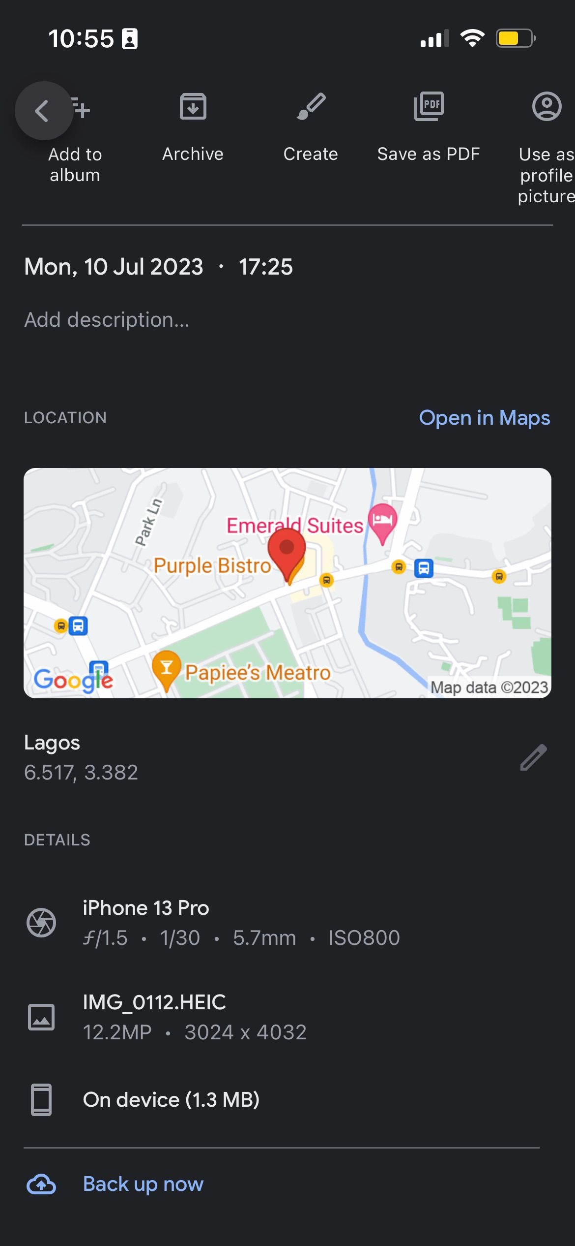 Меню дополнительных опций в Google Photos на iPhone