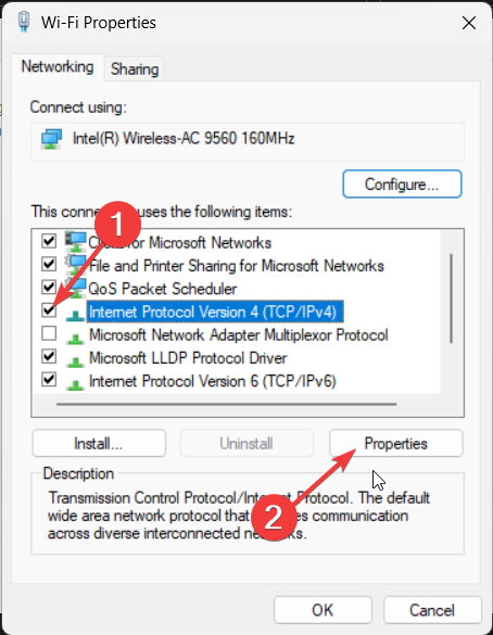 Выбор 'Протокол Интернета версии 4 (TCP/IPv4)' в свойствах