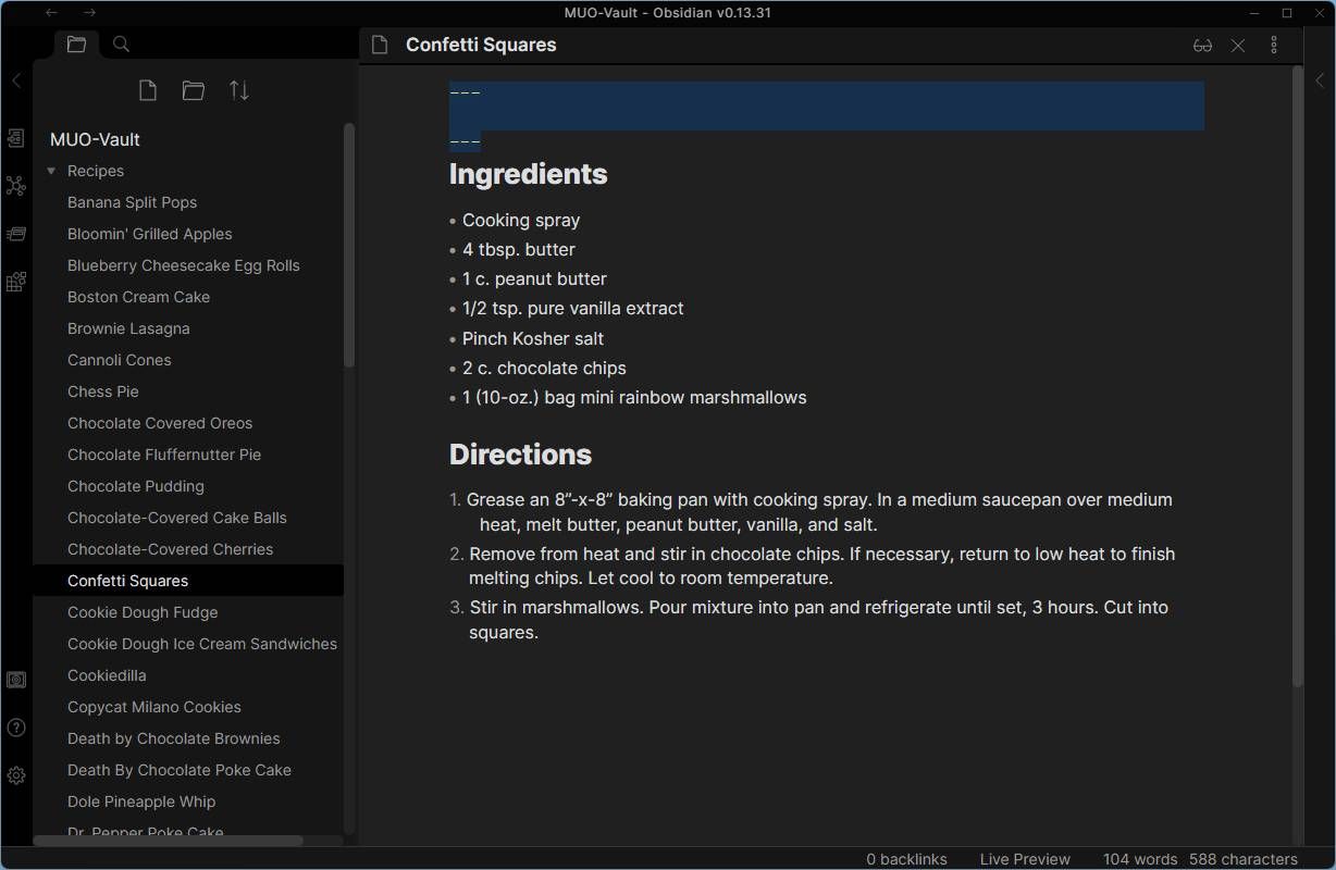 Определение frontmatter в заметке: три дефиса, пары ключ:значение и закрытие секции