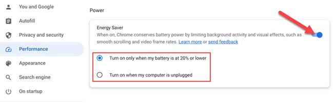 Выбор режима энергосбережения в Chrome.