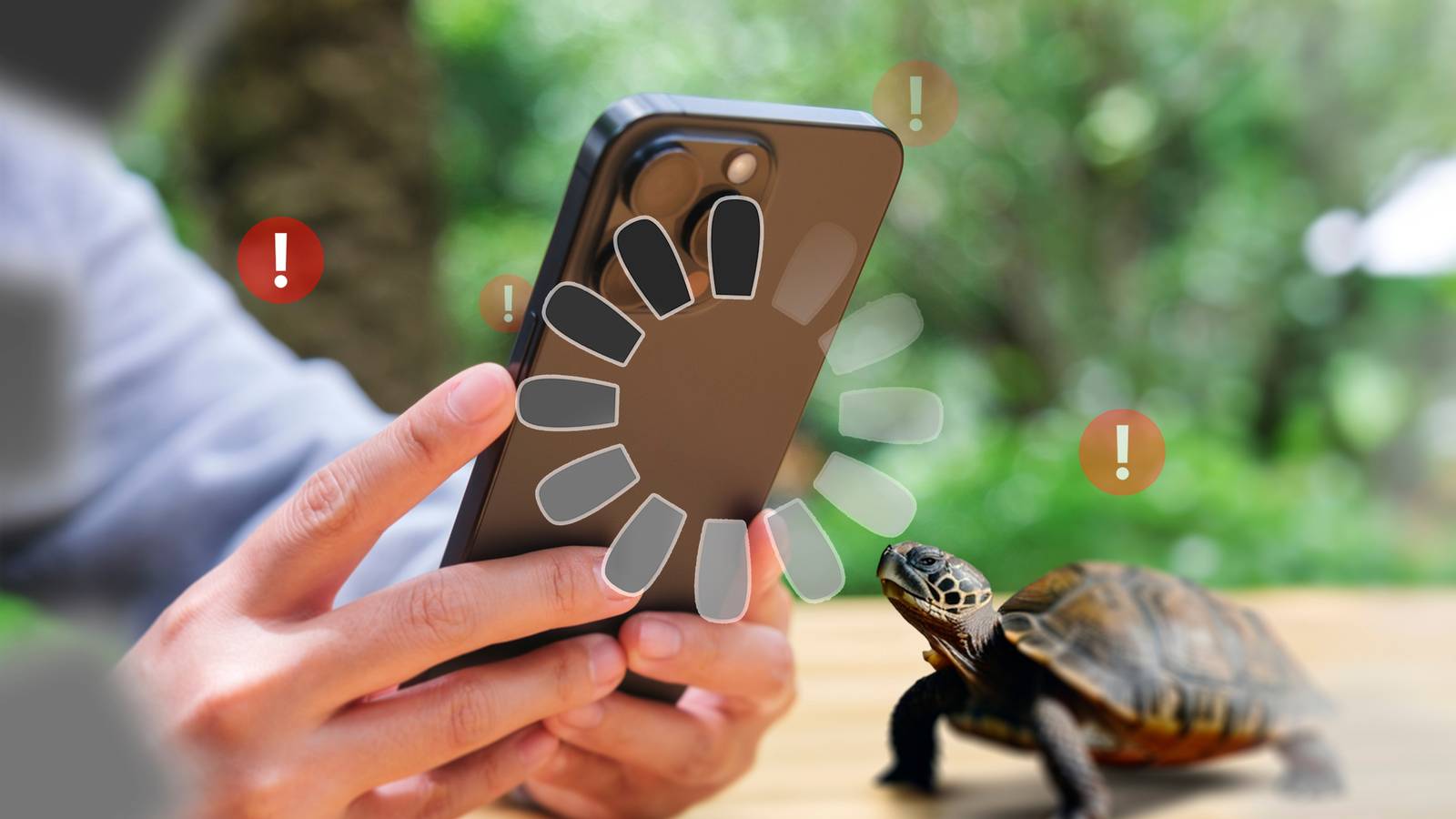 A person holding an iPhone with a loading icon and a turtle next to it, with some warning signs around.