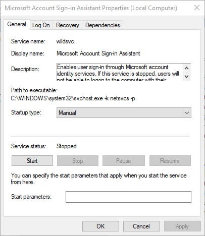Свойства службы Microsoft Account Sign-in с опциями запуска