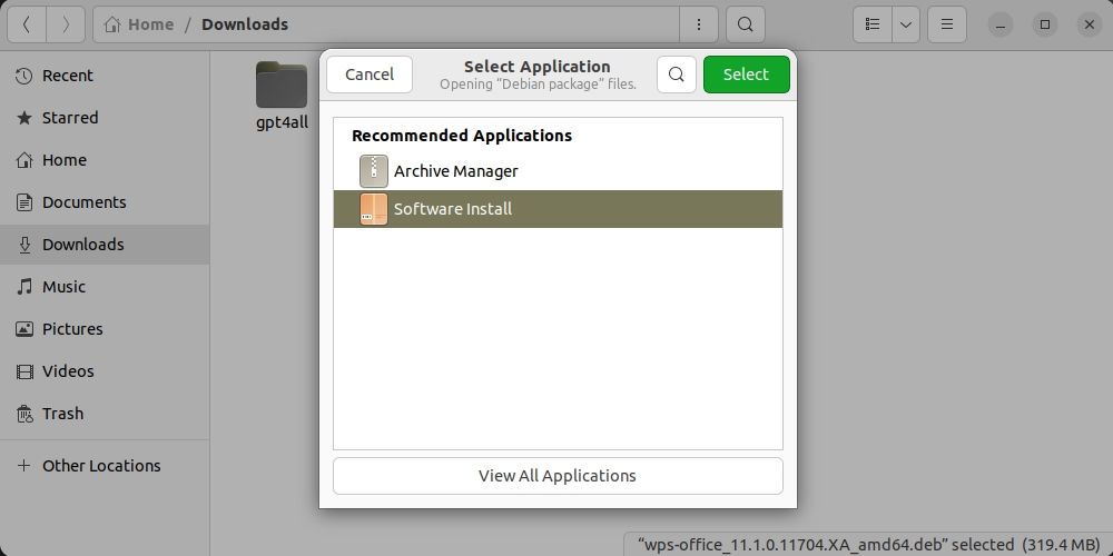 Выбор установщика программ для установки WPS Office в Ubuntu