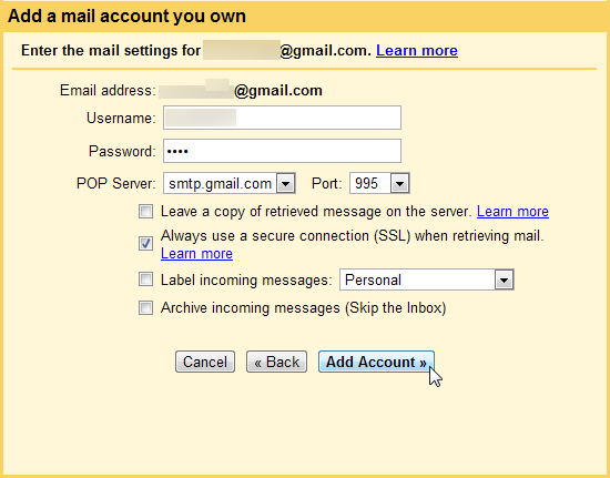 Настройки POP3 для Mail Fetcher