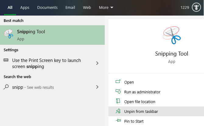 описание: окно поиска в меню Пуск с результатом Snipping Tool
