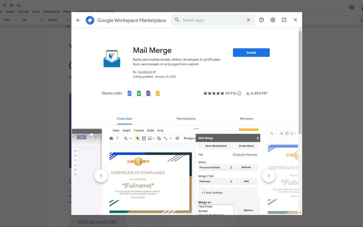 Страница установки надстройки Mail Merge