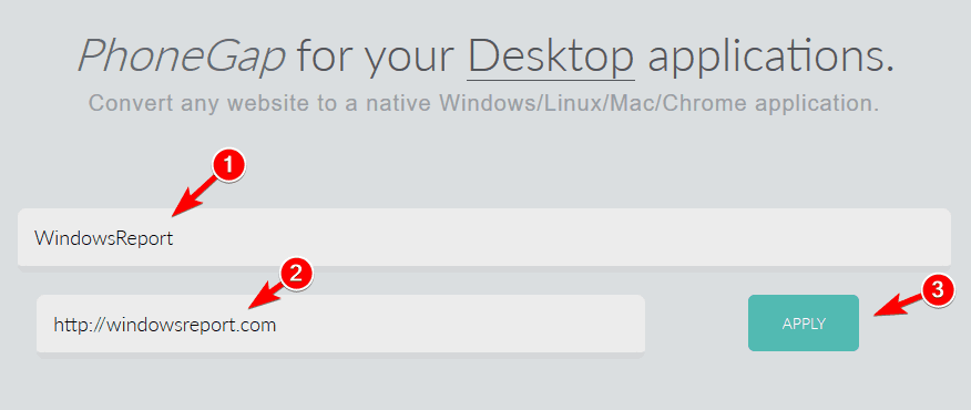 Форма ввода имени приложения и URL на WebDGap