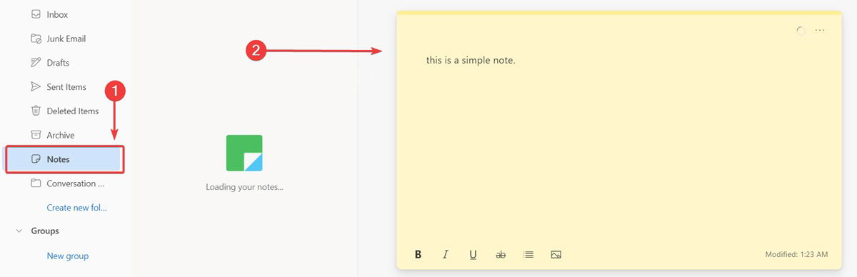 Выбор раздела «Заметки» в Outlook для просмотра Sticky Notes