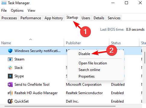 Отключение всех элементов автозагрузки в Диспетчере задач