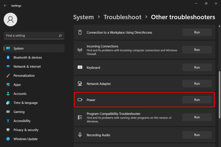 Запуск средства устранения неполадок питания