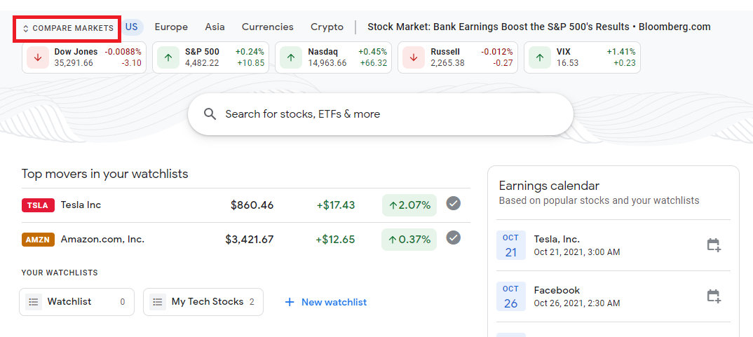 Экран Google Finance: сравнение рынков