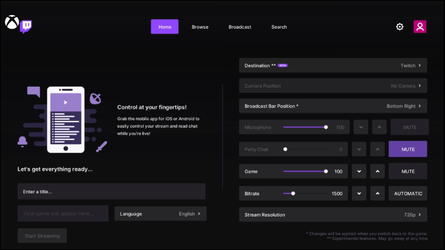 Начало трансляции в Twitch на Xbox — экран с кнопкой запуска