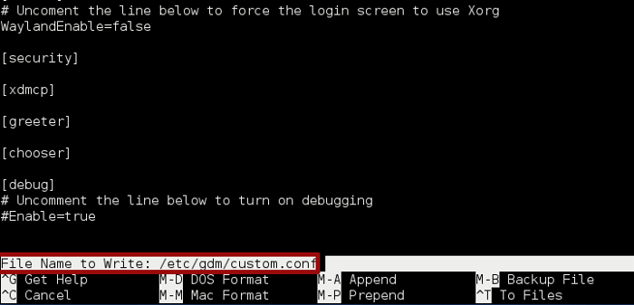 Скриншот nano после сохранения файла custom.conf