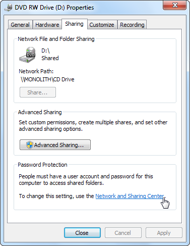 Раздел «Защита паролем»: переключатель в положение «Выключить защиту общего доступа паролем»