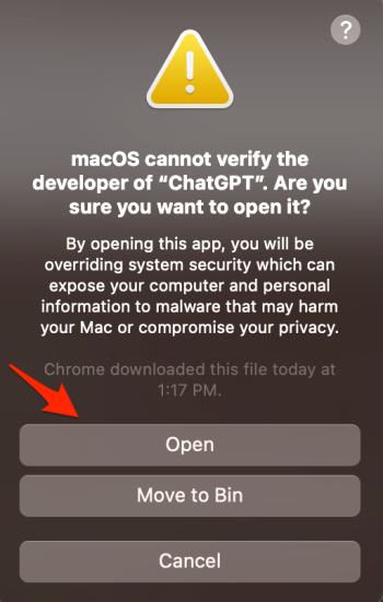 Кнопка «Открыть» для приложения ChatGPT в macOS