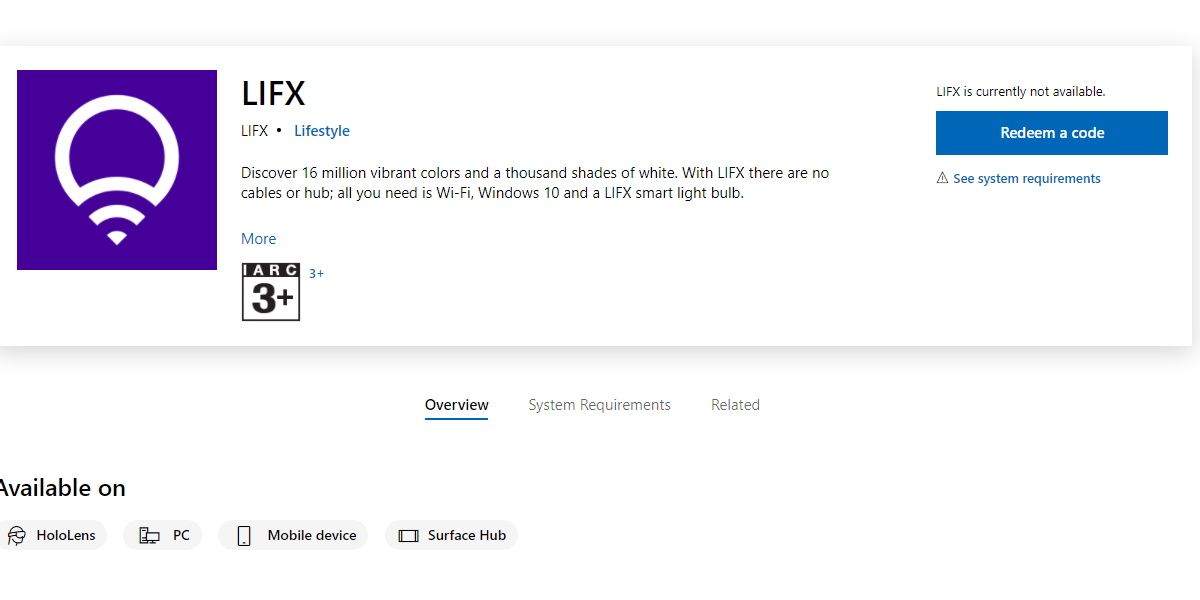Скриншот страницы LIFX в магазине, показывающий недоступность приложения