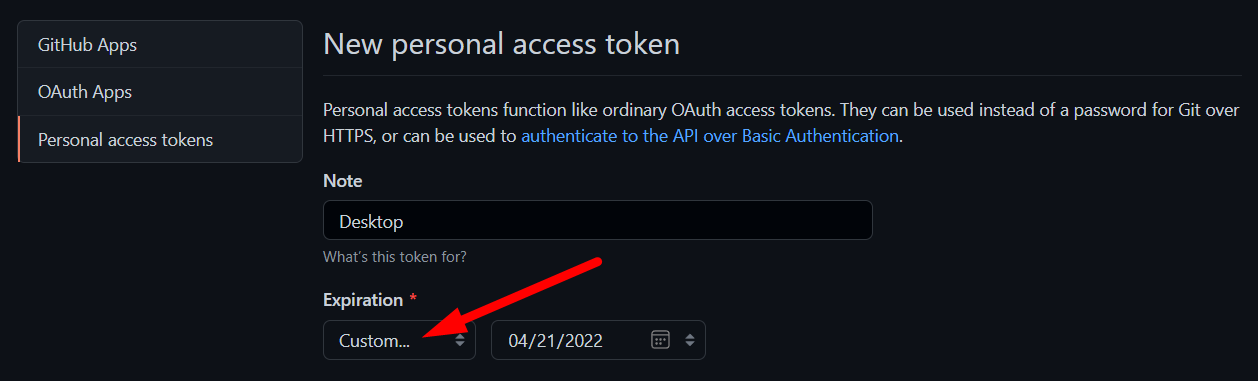 Создание токена: имя и срок действия