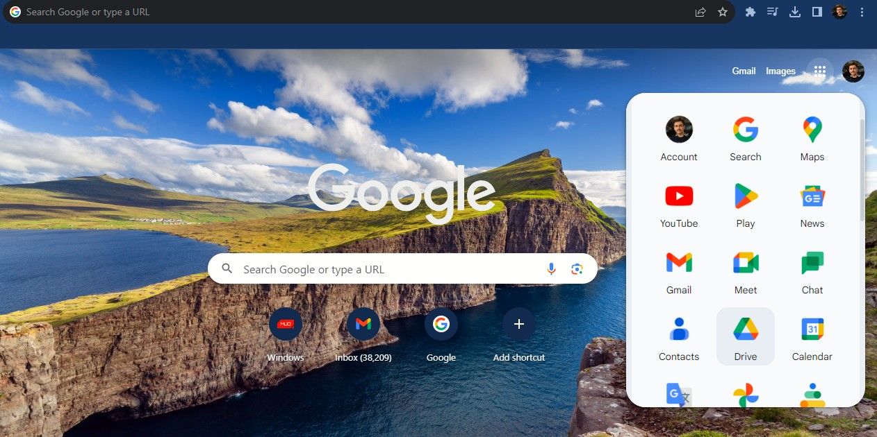 Открытое меню приложений Google в Chrome