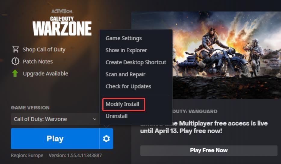 Опция Изменить установку в Battle.net