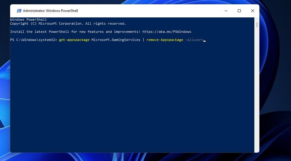 Команда удаления Gaming Services
