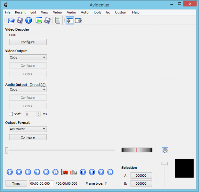 Окно Avidemux — Файл → Открыть