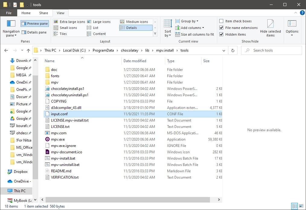 Локальный файл input.conf в папке установки MPV, переопределяющий горячие клавиши