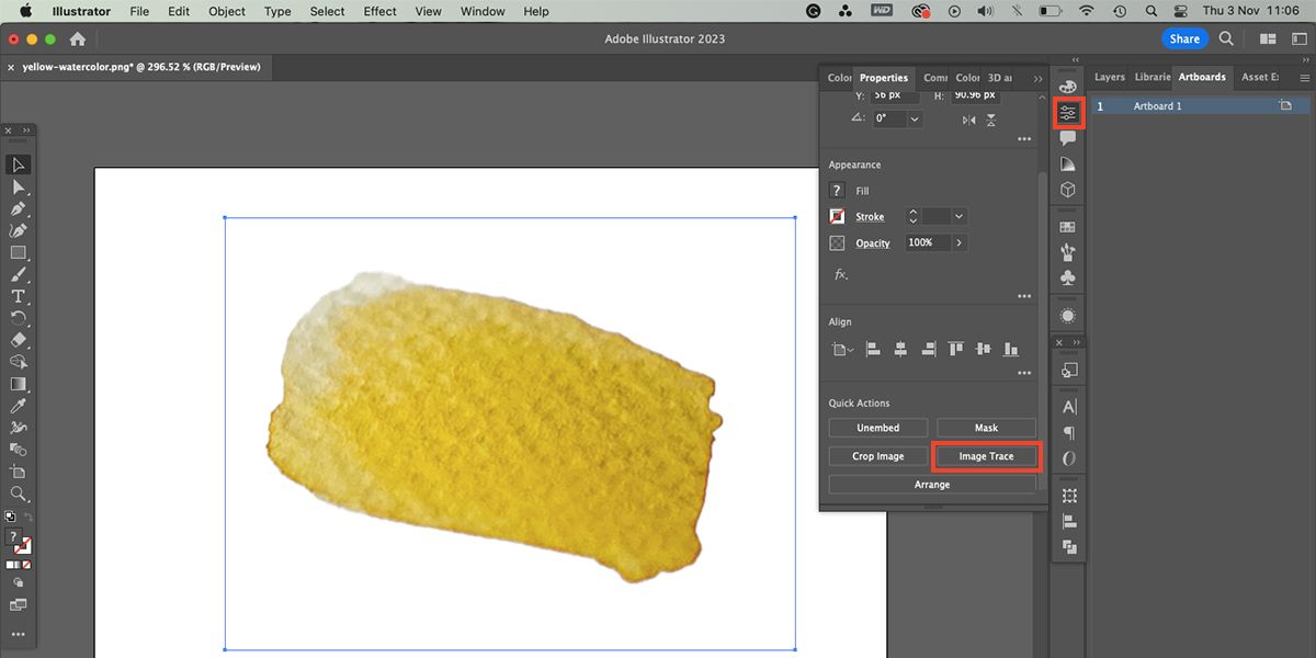 Трассировка изображения в Properties Illustrator.