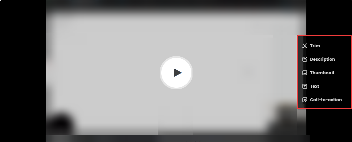 Панель редактирования видео: обрезка, описание, миниатюра, текст, CTA
