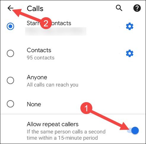 Переключатель 'Разрешить повторные звонки'