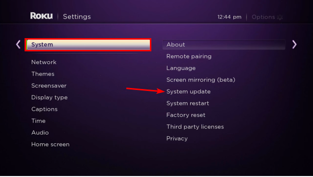 Экран Roku: Обновление системы