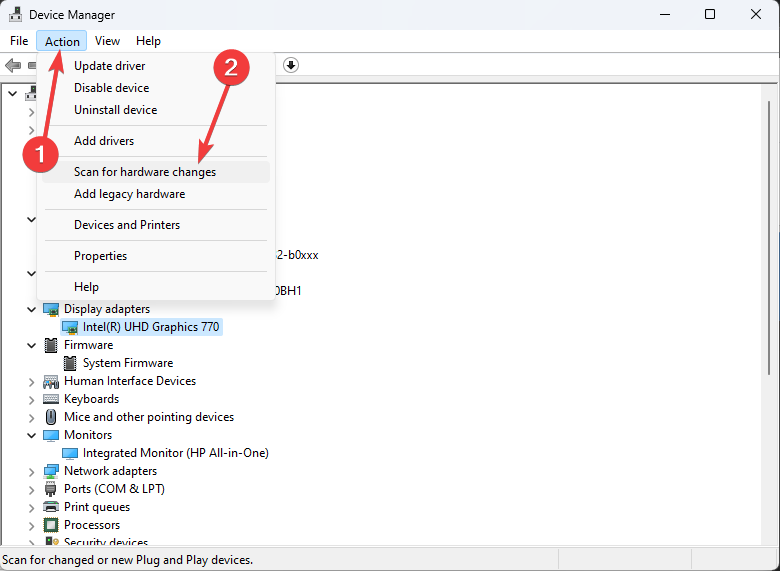 Действие: сканировать на предмет изменений оборудования