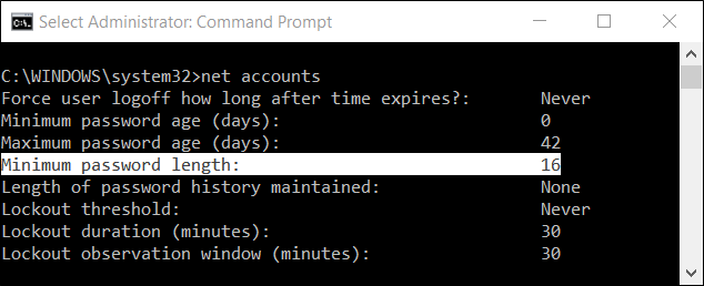 Вывод команды net accounts с параметром минимальной длины пароля.