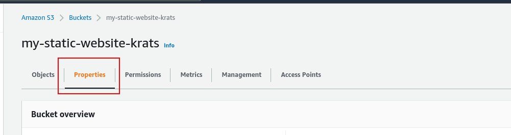 Вкладка «Properties» на странице бакета S3