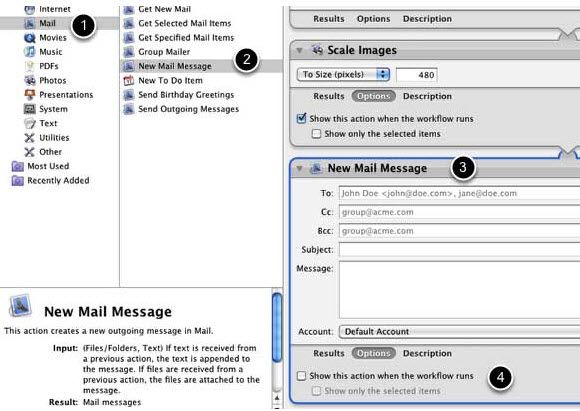 Создание нового письма в Automator