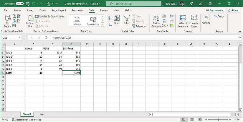 Пример данных для Solver: ставки оплаты и отработанные часы
