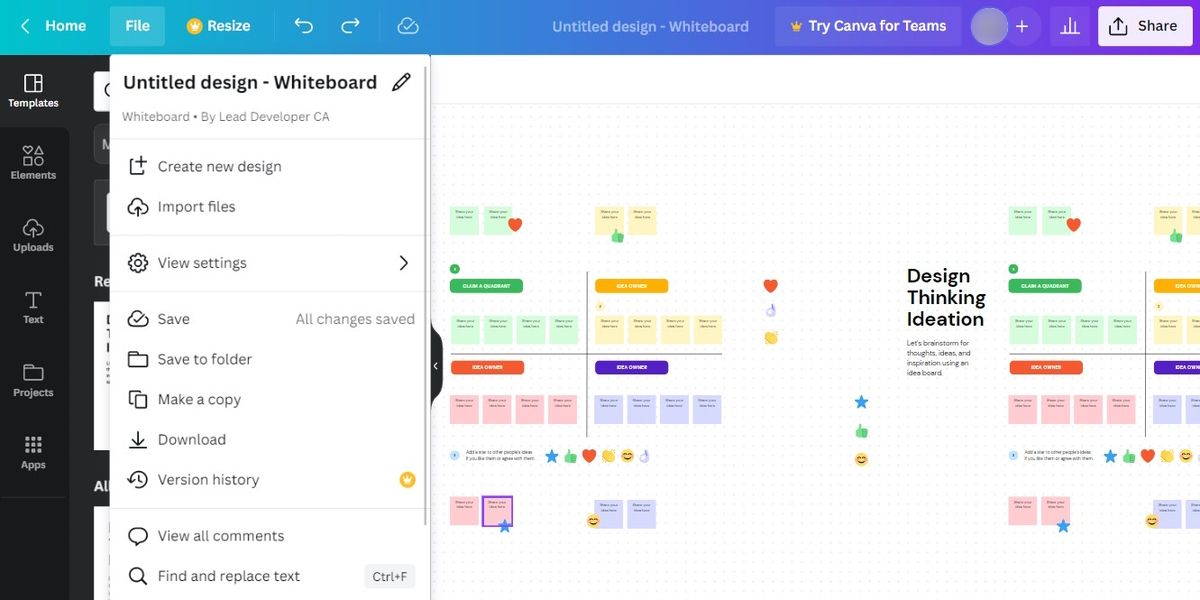 Выпадающее меню 'Файл' в Canva.