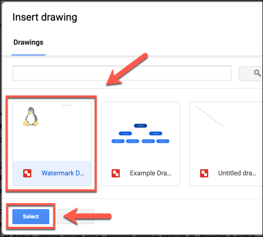 Выбор рисунка Google Drawings для вставки в документ