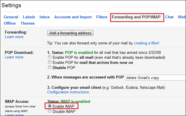 Снимок экрана: включение IMAP в настройках Gmail