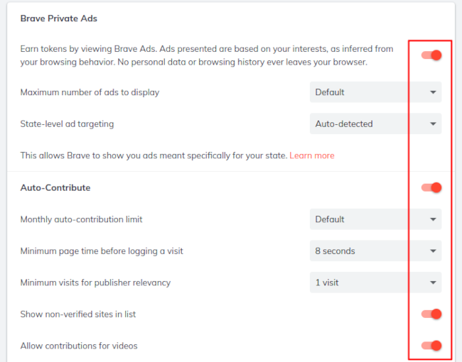 Раздел Brave Rewards в мобильных настройках
