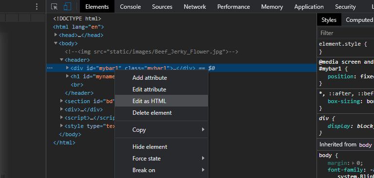 Редактирование HTML в реальном времени через Elements
