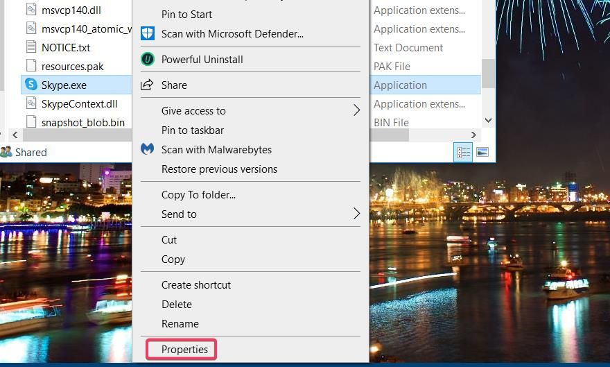 Контекстное меню приложения Skype, пункт Свойства