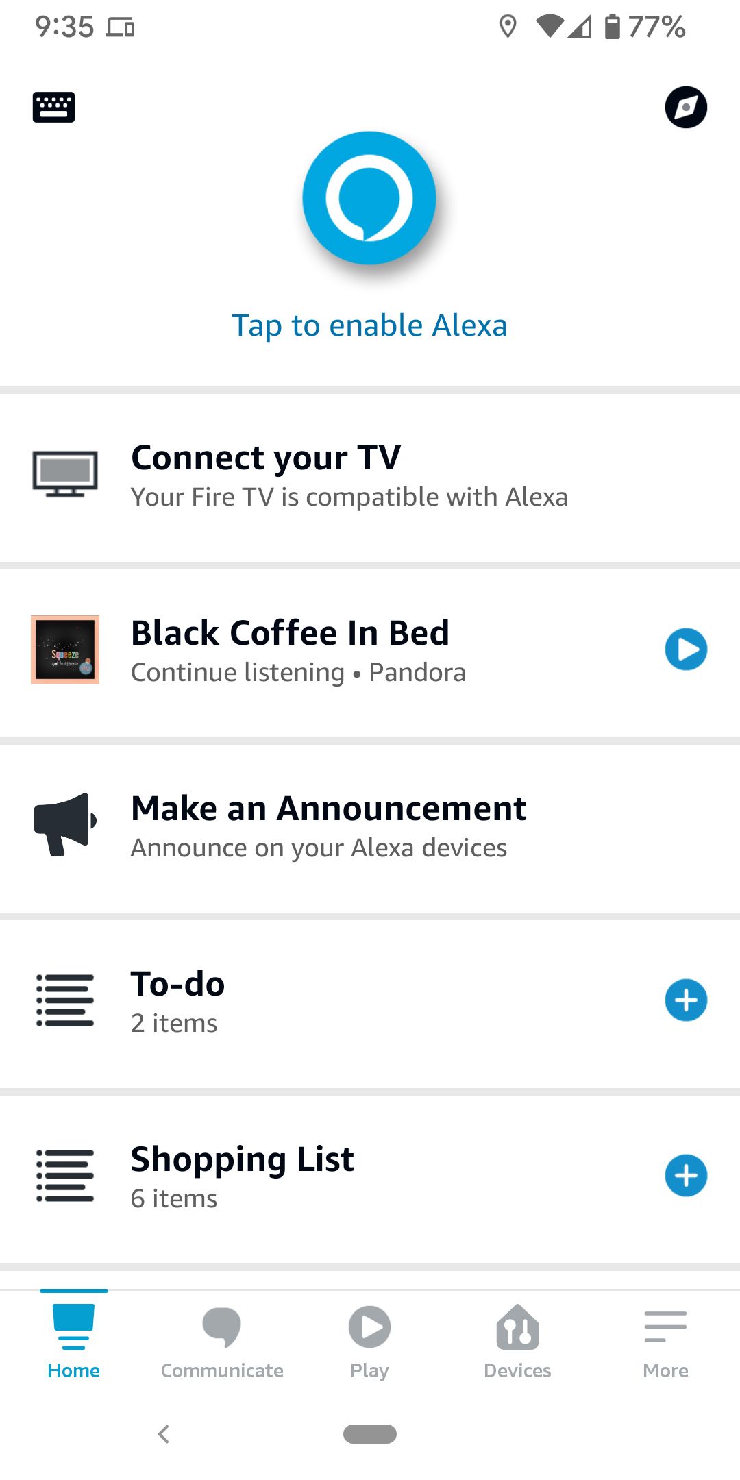 Alexa app Home screen