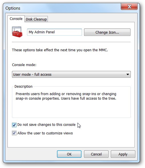 Параметры консоли: режим и поведение при закрытии
