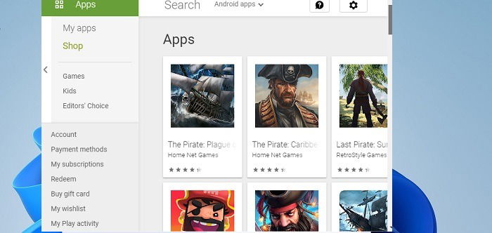 Общий экран: Google Play работает в WSA на Windows 11