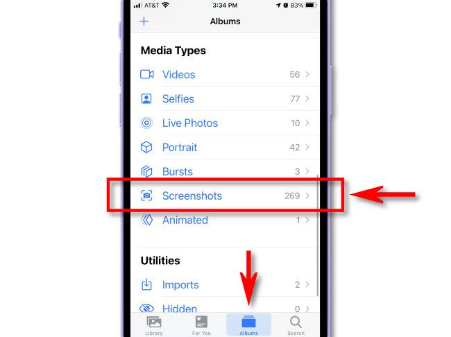 В «Фото» на iPhone нажмите «Альбомы», затем выберите «Скриншоты» в разделе «Медиа типов».