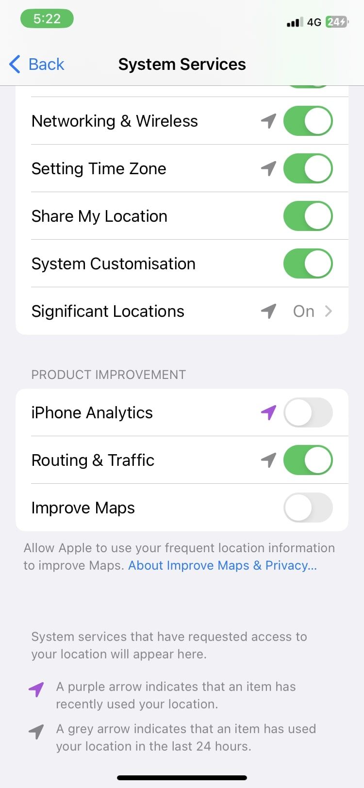 Переключатель iPhone Analytics выключен